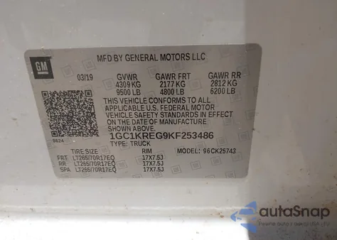 2019 Chevrolet Silverado 2500Hd Wt z USA, uszkodzony, nr VIN 1GC1KREG9KF253486